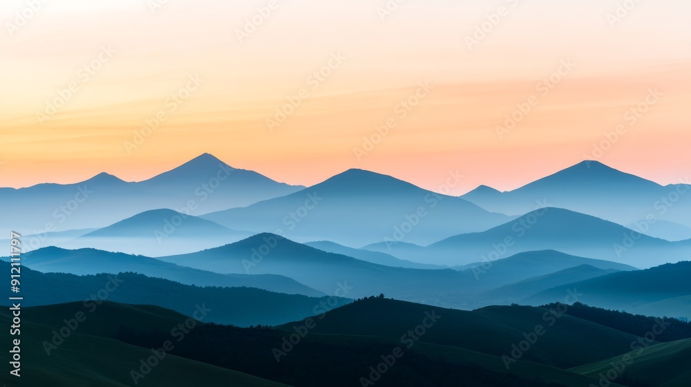 A panoramic view of a majestic mountain range during sunset with layers of colors in the sky and a serene valley below capturing the aweinspiring beauty of the natural landscape A panoramic view of a majestic mountain range during sunset with layers of colors in the sky and a serene valley below capturing the aweinspiring beauty of the natural landscape
