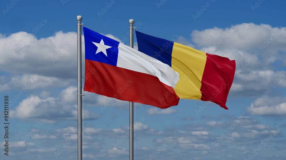 Romania and Chile flags flying together, video concept of the relationship, two country cooperation concept Romania and Chile flags flying together, video concept of the relationship, two country cooperation concept