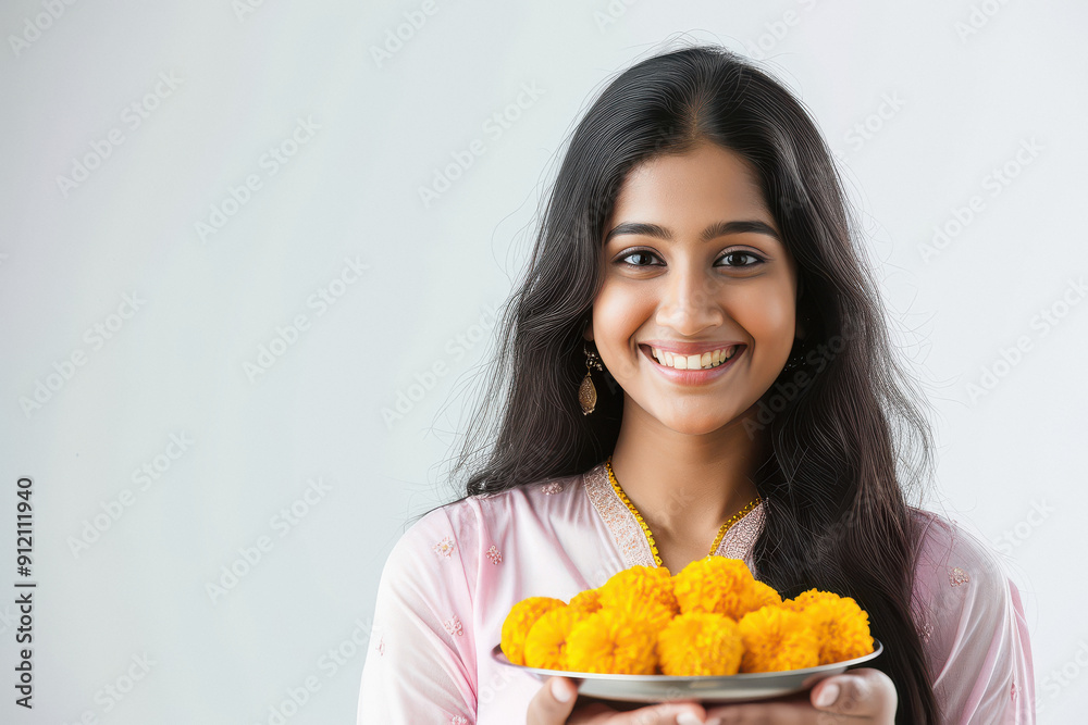 young woman holding marigold flower plate on white background. young woman holding marigold flower plate on white background.