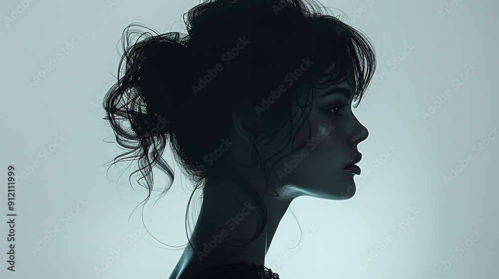 Naklejka premium Silhouette of beautiful young woman with a beautiful hairdo Black and white : Generative AI
