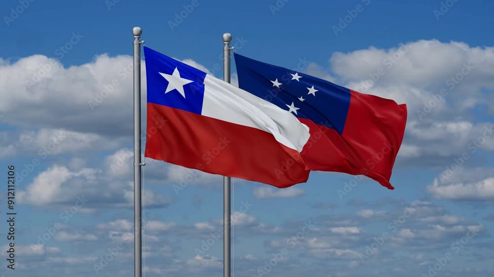 Samoa and Chile flags flying together, video concept of the relationship, two country cooperation concept Samoa and Chile flags flying together, video concept of the relationship, two country cooperation concept