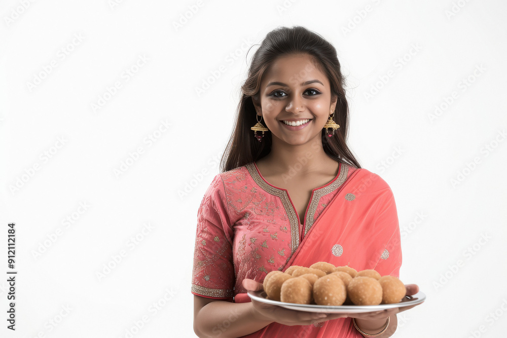smiling beautiful young Indian woman wearing light pink colour dress and carrying a plate of sweet laddu smiling beautiful young Indian woman wearing light pink colour dress and carrying a plate of sweet laddu