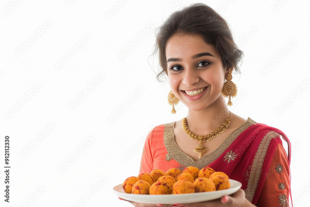 smiling beautiful young Indian woman wearing light pink colour dress and carrying a plate of sweet laddu smiling beautiful young Indian woman wearing light pink colour dress and carrying a plate of sweet laddu