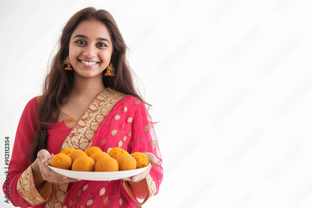 smiling beautiful young Indian woman wearing light pink colour dress and carrying a plate of sweet laddu smiling beautiful young Indian woman wearing light pink colour dress and carrying a plate of sweet laddu