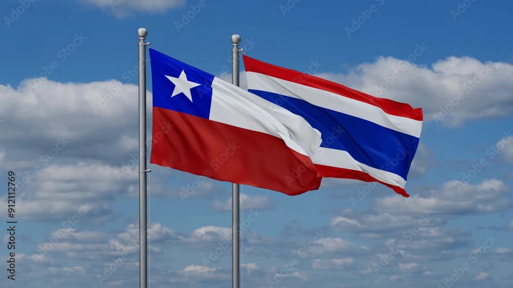 Kingdom of Thailand and Chile flags flying together, video concept of the relationship, two country cooperation concept Kingdom of Thailand and Chile flags flying together, video concept of the relationship, two country cooperation concept