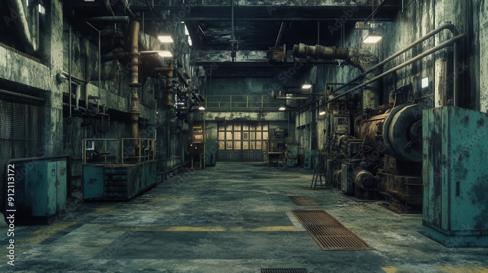 Fototapeta premium Closed factory with rusting machinery and deserted assembly lines representing industrial decline during economic depression