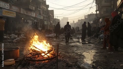 People gathering around a street fire for warmth during economic hardship in an urban setting