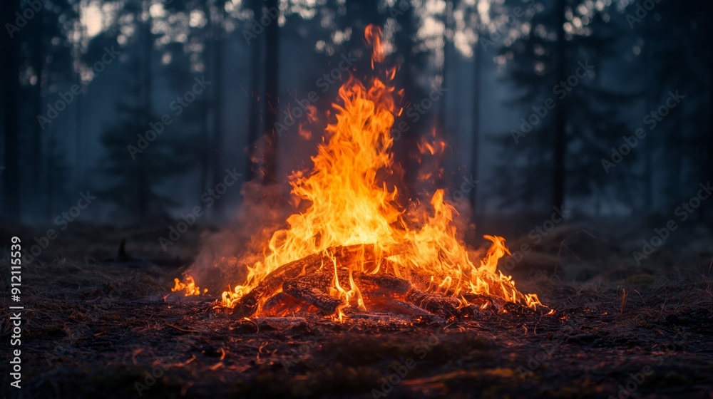 A bonfire crackles in a forest clearing, a beacon of warmth and gathering. A bonfire crackles in a forest clearing, a beacon of warmth and gathering.