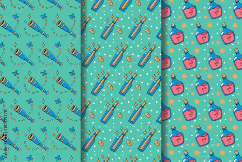 set of pirate marine supply doodle seamless pattern on green background with pirate binoculars, treasure, map, bottle, beer, star illustration designs for kids print and packaging