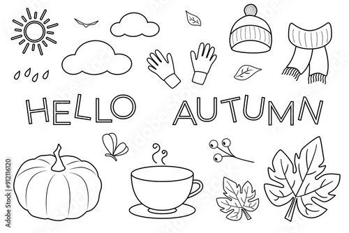 Autumn doodle set. Hand drawn vector illustration of hat, scarf, gloves, pumpkin, leaf, clouds. Line sketch drawing of cup of hot tea, rainfall and warm clothes. Hello Autumn text.
