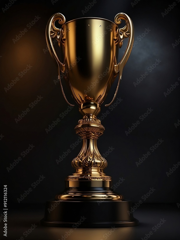 A majestic golden trophy, gleaming under the spotlight against a sleek black background. A majestic golden trophy, gleaming under the spotlight against a sleek black background.