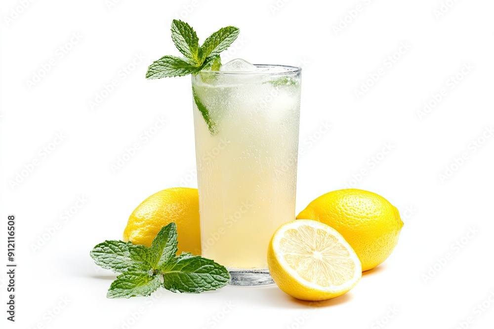 Fototapeta premium Cold Frozen Lemonade with Mint Leaves isolated on white background