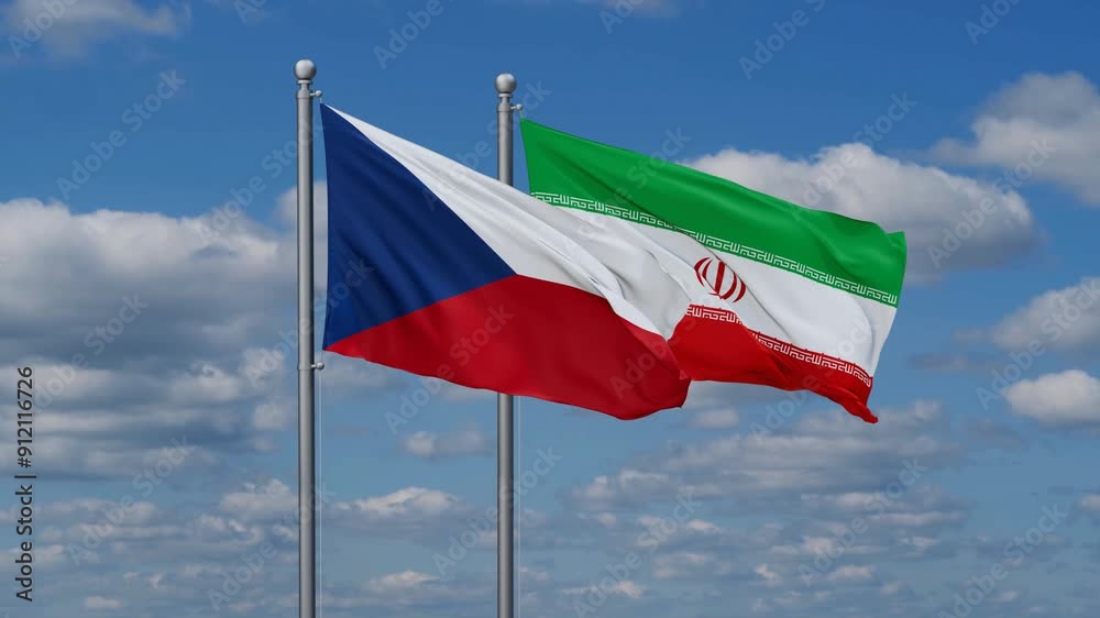 Iran and Czech two flags waving together on blue , video concept of the relationship Iran and Czech two flags waving together on blue , video concept of the relationship