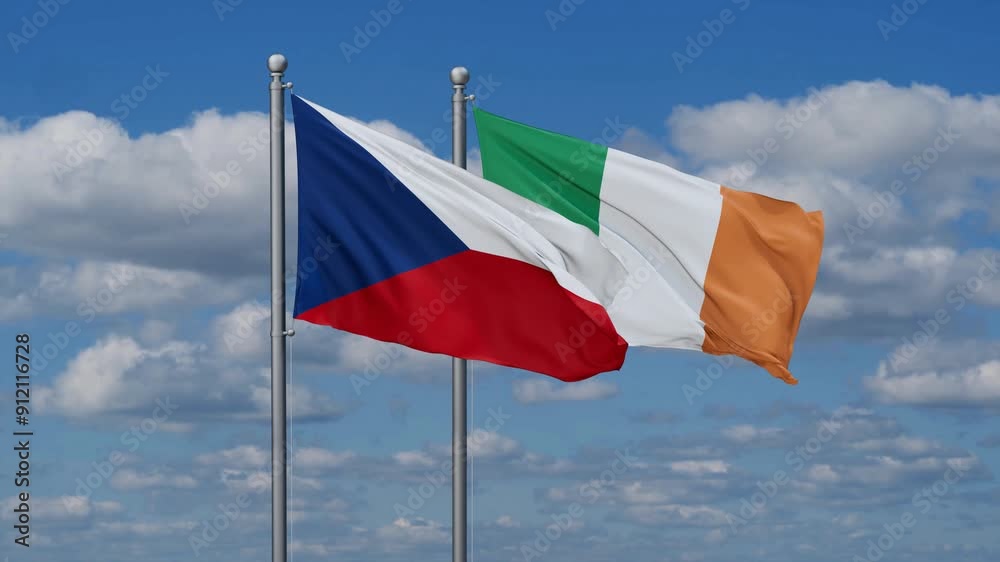 Ireland and Czech flags flying together, video concept of the relationship, two country relations concept Ireland and Czech flags flying together, video concept of the relationship, two country relations concept