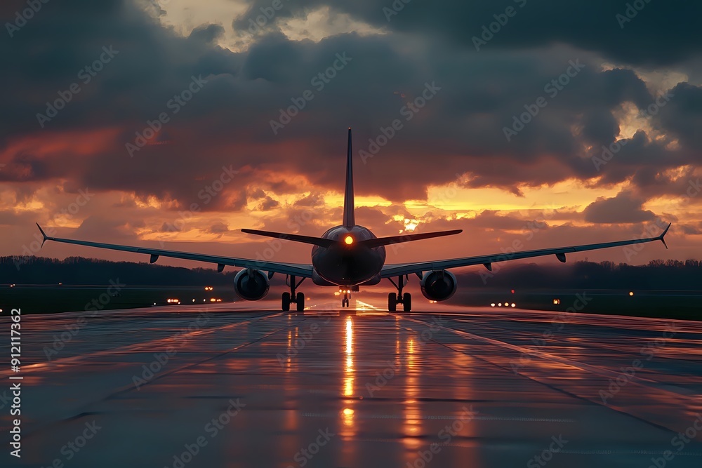 Naklejka premium Airplane Taking Off at Sunset with Dramatic Sky and Runway Reflections