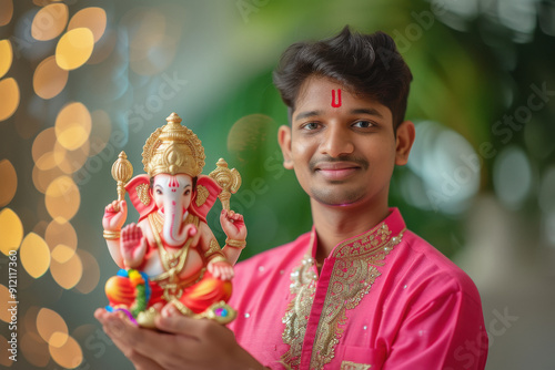 Young indian man in traditional wear holding lord ganesha sculpture in hand photo