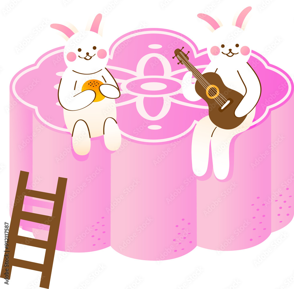 Rabbits sit on a big moon cake