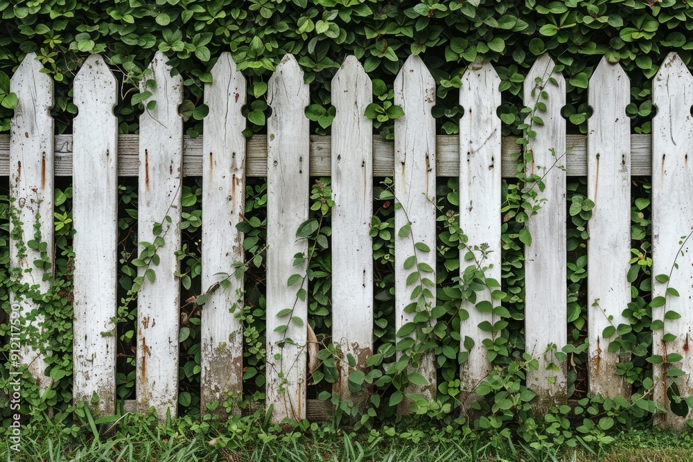 Rustic White Picket Fence Overgrown with Lush Green Ivy, Creating a Charming Garden Backdrop Rustic White Picket Fence Overgrown with Lush Green Ivy, Creating a Charming Garden Backdrop