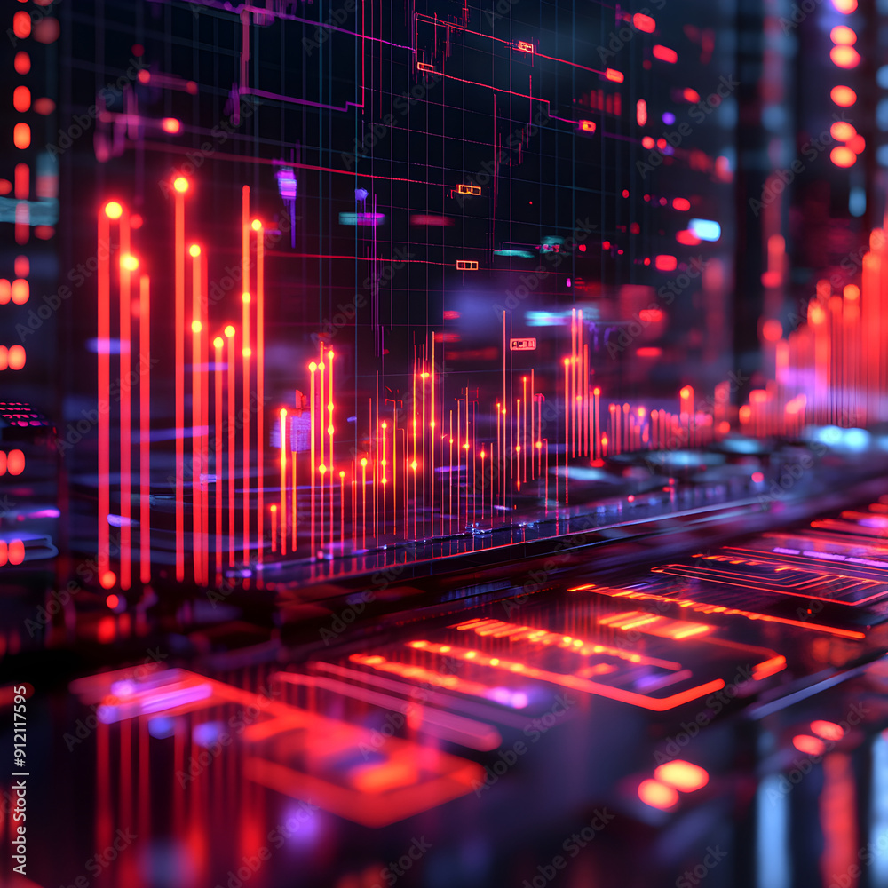 Abstract digital financial data visualization with glowing orange and red graphs in a futuristic high-tech style. Abstract digital financial data visualization with glowing orange and red graphs in a futuristic high-tech style.