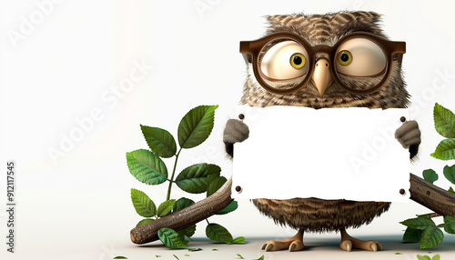 fun owl cute suit large prescription glasses holding transparent PNG banner sign isolated green leaves and brown branches white copy space photo