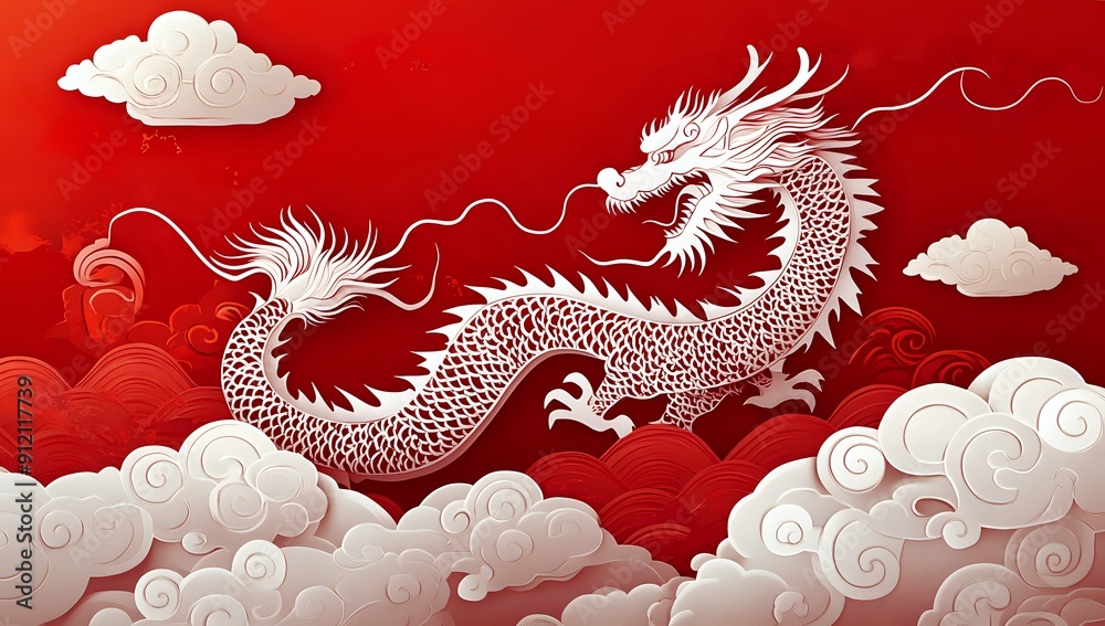 White Paper Dragon Soaring Through Red Clouds, Chinese New Year Art White Paper Dragon Soaring Through Red Clouds, Chinese New Year Art