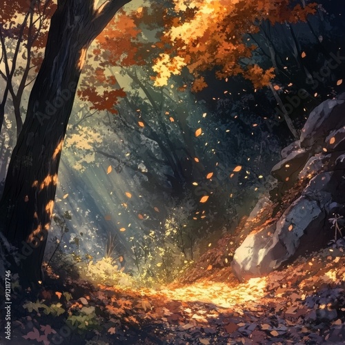 Autumn's Lullaby: A High-Resolution Hand-Drawn Anime-Style Image of Nature's Farewell in a Forest of Falling Leaves and the Allure of the Season with Rustling Leaves and Fresh Air. photo