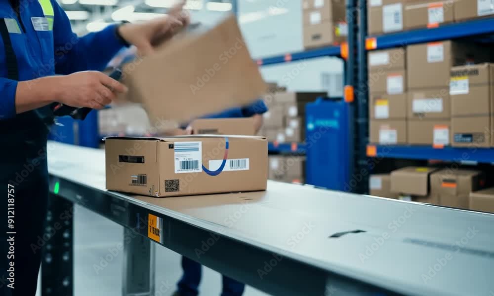 Warehouse Worker Scanning Packages On Conveyor Belt Warehouse Worker Scanning Packages On Conveyor Belt