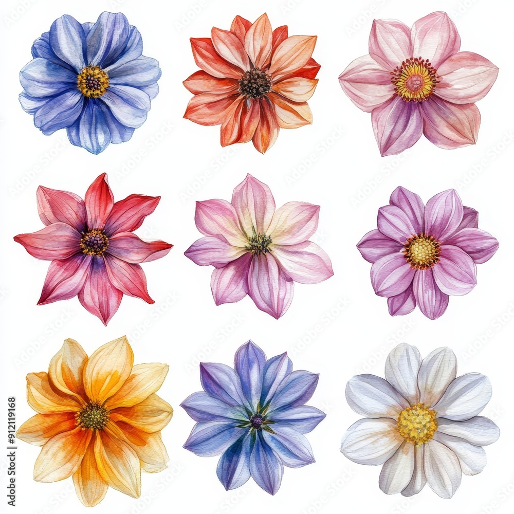 Obraz premium Beautiful vibrant watercolor flowers in various colors.