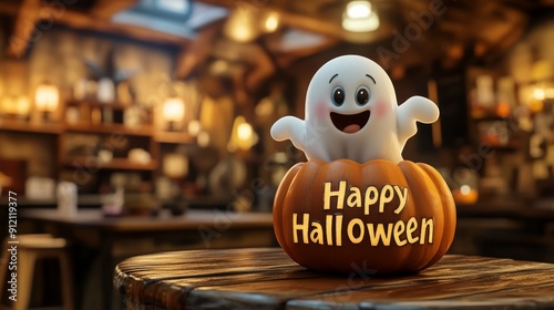 Friendly Ghost Peeking Out of a Jack-o'-Lantern, 3D Rendered Halloween Ghost in a Pumpkin
