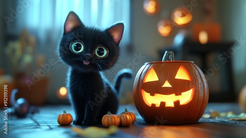 Cute Kitten and Jack-o'-Lantern 3D Rendered, halloween background
