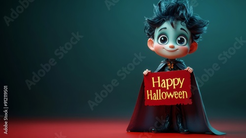 Cute Little Vampire Saying Happy Halloween, 3D Rendered Cute Vampire Character with Dark green Background