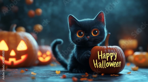 Cute Black Kitten Holding a Happy Halloween Pumpkin, Halloween Night Surprise