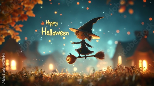 Friendly Witch Flying on a Broomstick with a Jack-o'-Lantern, Witchy Halloween Adventure with a Pumpkin