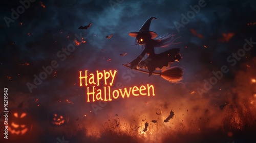 Dark Witch Flying on a Broomstick at halloween night, 3d render