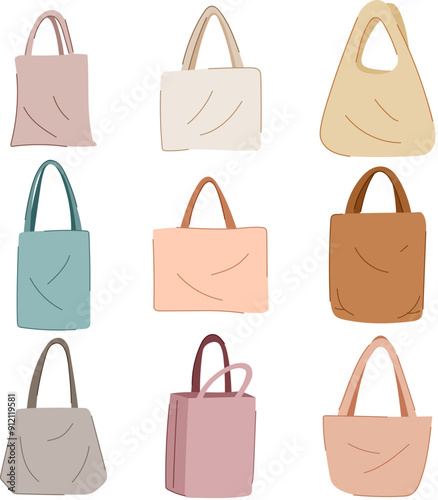 ecobag set cartoon. eco canvas, reusable cloth, handle mockup ecobag sign. isolated symbol vector illustration