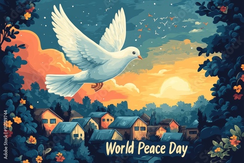 Celebrating Peace, The dove soaring above the city can be seen as a symbol of hope and renewal, suggesting that even in the midst of urban chaos, there is still beauty and peace to be found. 