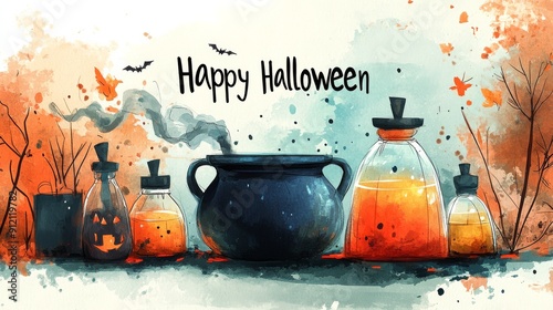 Halloween Vibes, digital watercolor painting a black cauldron filled with a bubbling orange potion, surrounded by several glass bottles containing similar liquids