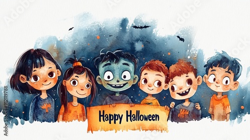 Cute Kids Celebrating Halloween Together, Illustration of six cheerful kids in Halloween costumes holding a 