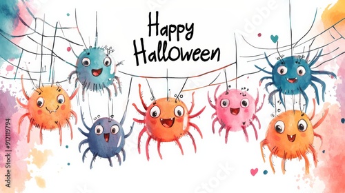 Cute Cartoon Spiders Wishing Happy Halloween, Colorful illustration of cute, smiling cartoon spiders hanging on webs with 