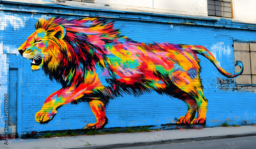lion with colorful graffiti on the wall. Street art concept design