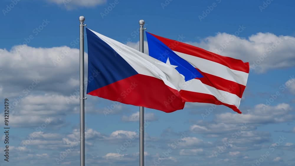 Puerto Rico and Czech flags flying together, video concept of the relationship, two country cooperation concept Puerto Rico and Czech flags flying together, video concept of the relationship, two country cooperation concept
