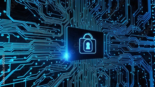 A blue and black image of a computer chip with a padlock on it