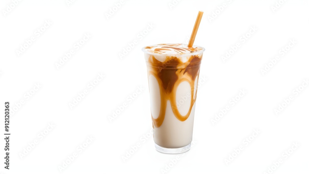 Iced caramel macchiato in a plastic cup, showing the beautiful swirls of coffee, milk, and caramel isolated Iced caramel macchiato in a plastic cup, showing the beautiful swirls of coffee, milk, and caramel isolated