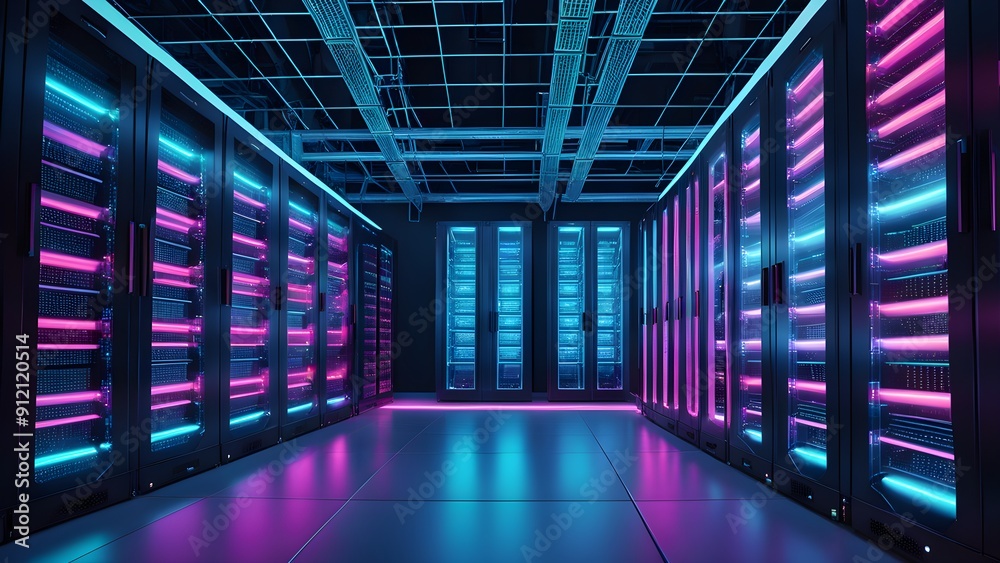 Fototapeta premium A large room with many computer servers and neon lights