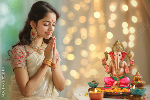 young Indian woman wearing cream colour dress and prayer, and side table a big colourful and beautiful lord Ganesha statue. photo