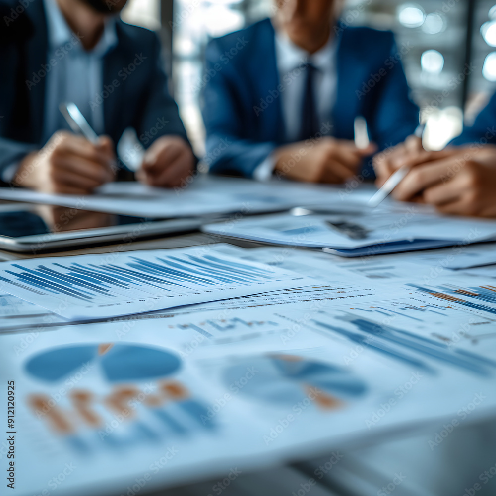 Business meeting with professionals analyzing charts and graphs on paper in a modern office. Business meeting with professionals analyzing charts and graphs on paper in a modern office.