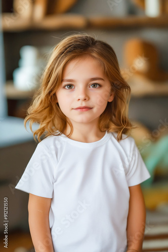 A little girl in a white shirt standing in front of a shelf.