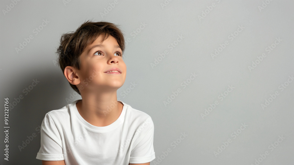 上を見上げる男の子のシンプルな背景 上を見上げる男の子のシンプルな背景