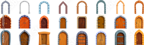 Stone arch icons set. Set of medieval doors and arches showing different styles and materials, suitable for game asset or history book