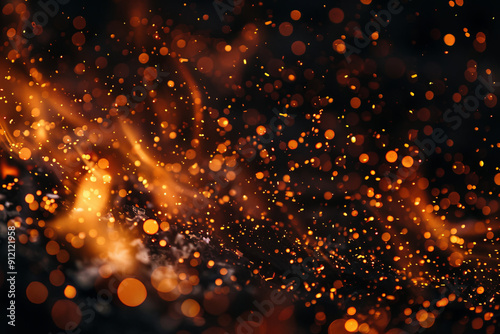 Fire embers and sparks over a black background. Abstract dark glittering fire particles